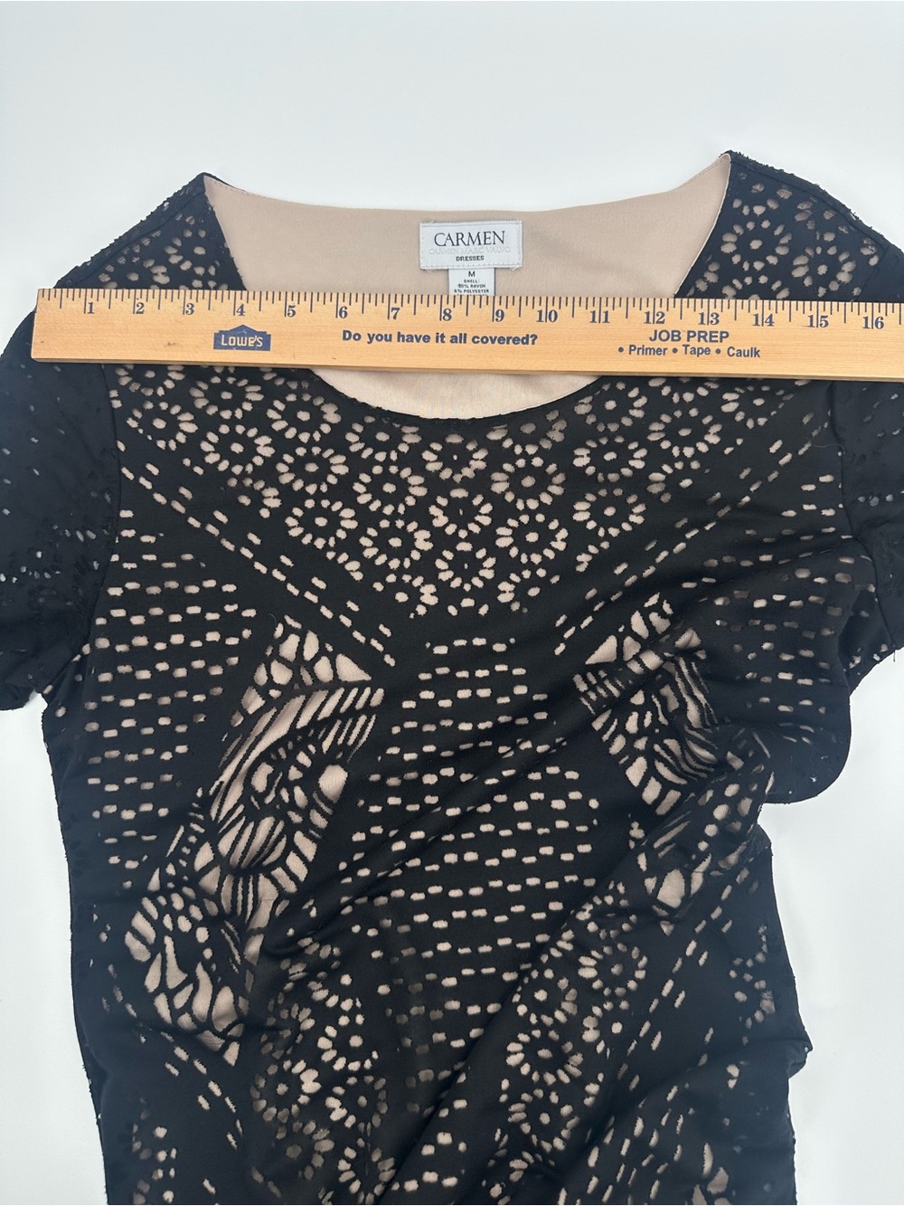Carmen Marc Valvo Black Lace Sheath Dress Medium Nude Lined Midi Cocktail 1240 - Picture 7 of 10